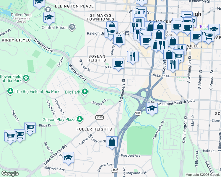 map of restaurants, bars, coffee shops, grocery stores, and more near 629 Effie Way in Raleigh