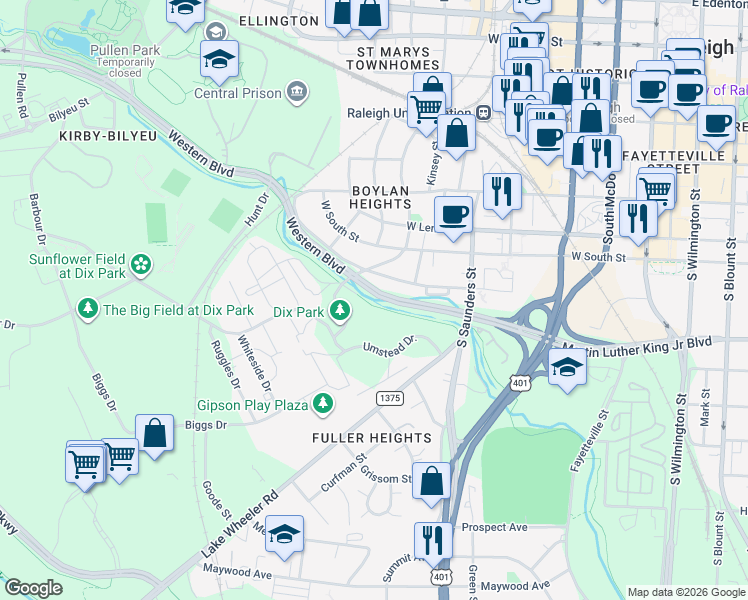 map of restaurants, bars, coffee shops, grocery stores, and more near Martin Luther King Jr Blvd in Raleigh