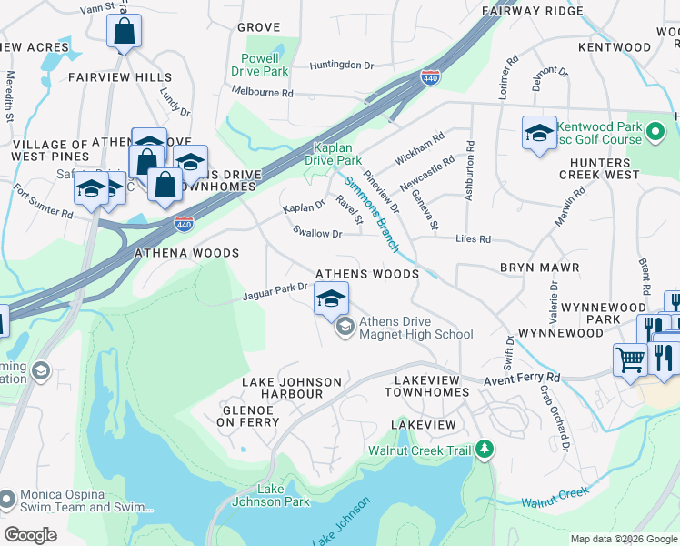 map of restaurants, bars, coffee shops, grocery stores, and more near 5413 Athena Woods Lane in Raleigh