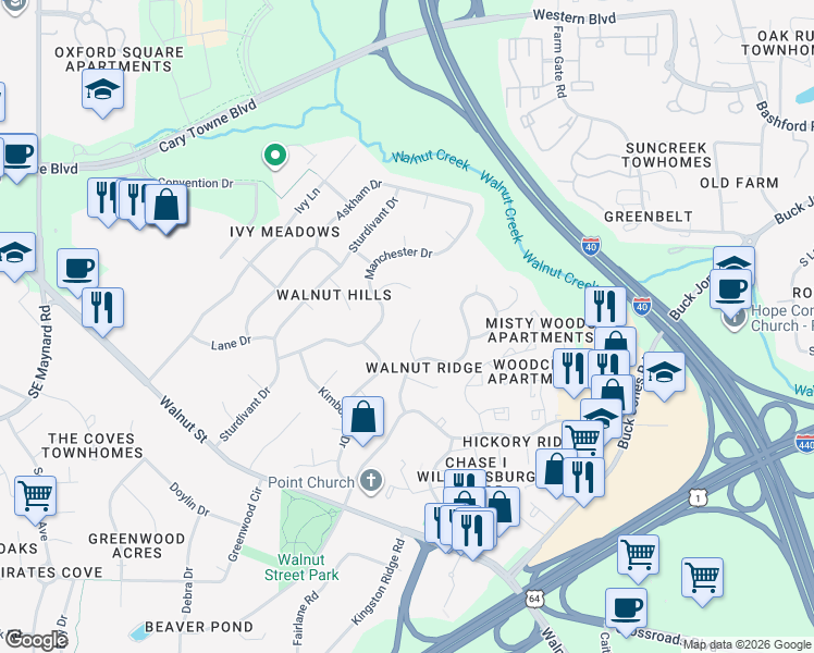 map of restaurants, bars, coffee shops, grocery stores, and more near 109 Escher Lane in Cary