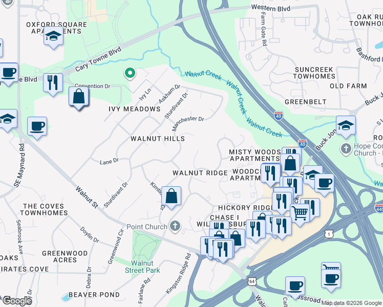 map of restaurants, bars, coffee shops, grocery stores, and more near 109 Escher Lane in Cary