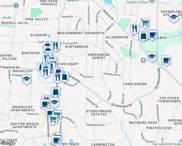 map of restaurants, bars, coffee shops, grocery stores, and more near 1025 Warren Avenue in Cary