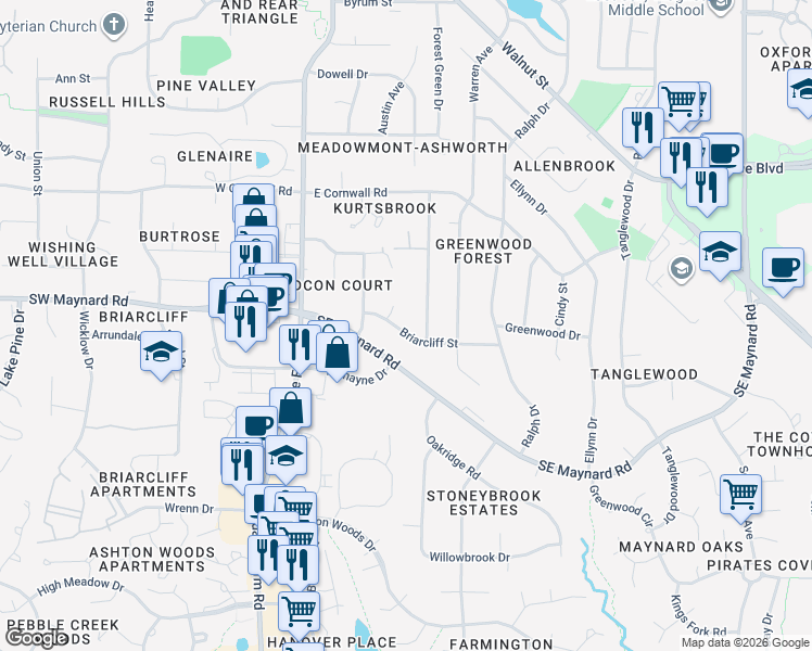 map of restaurants, bars, coffee shops, grocery stores, and more near 1032 Washington Street in Cary