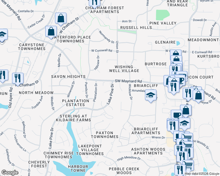 map of restaurants, bars, coffee shops, grocery stores, and more near 104 Creighton Court in Cary