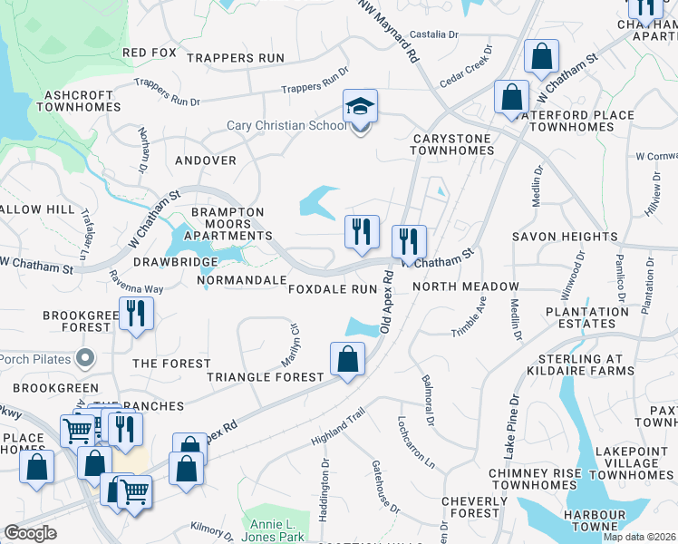 map of restaurants, bars, coffee shops, grocery stores, and more near 100 Hunting Chase in Cary