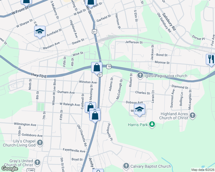 map of restaurants, bars, coffee shops, grocery stores, and more near 1014 Adams Street in Statesville