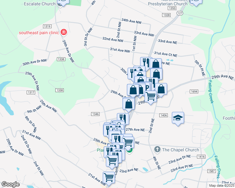 map of restaurants, bars, coffee shops, grocery stores, and more near 135 29th Avenue Northeast in Hickory