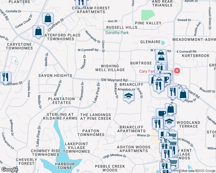 map of restaurants, bars, coffee shops, grocery stores, and more near 105 Leisure Court in Cary