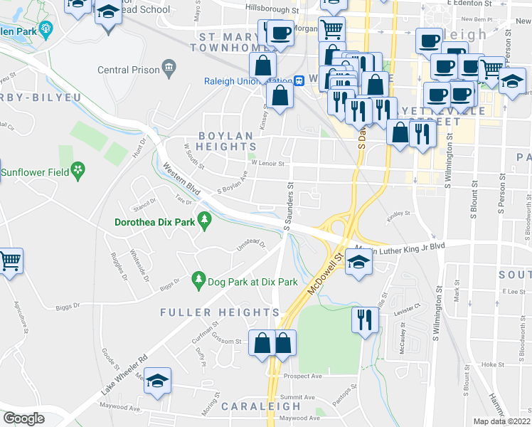 map of restaurants, bars, coffee shops, grocery stores, and more near 629 Effie Way in Raleigh