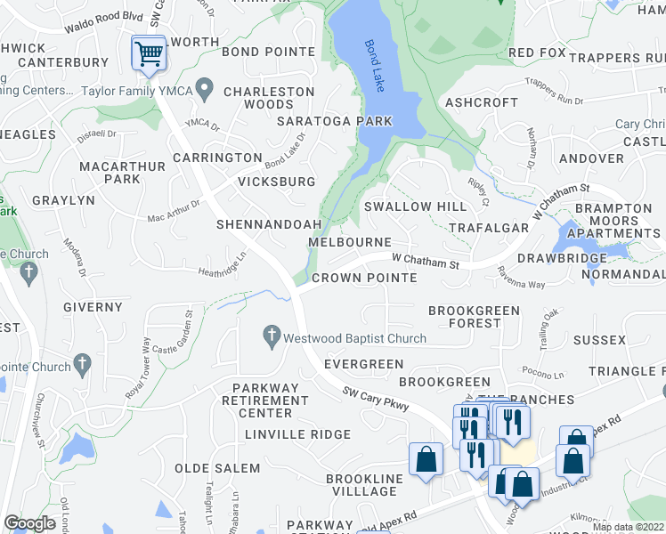 map of restaurants, bars, coffee shops, grocery stores, and more near 111 Brigh Stone Drive in Cary