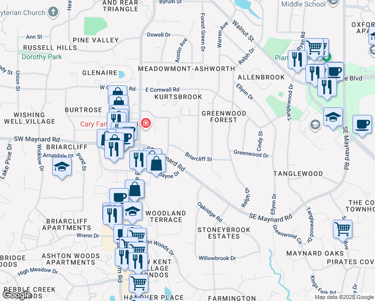 map of restaurants, bars, coffee shops, grocery stores, and more near 221 Briarcliff Street in Cary