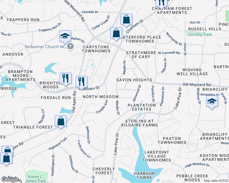 map of restaurants, bars, coffee shops, grocery stores, and more near 1026 Medlin Dr in Cary