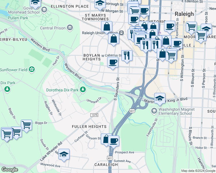 map of restaurants, bars, coffee shops, grocery stores, and more near 629 Effie Way in Raleigh