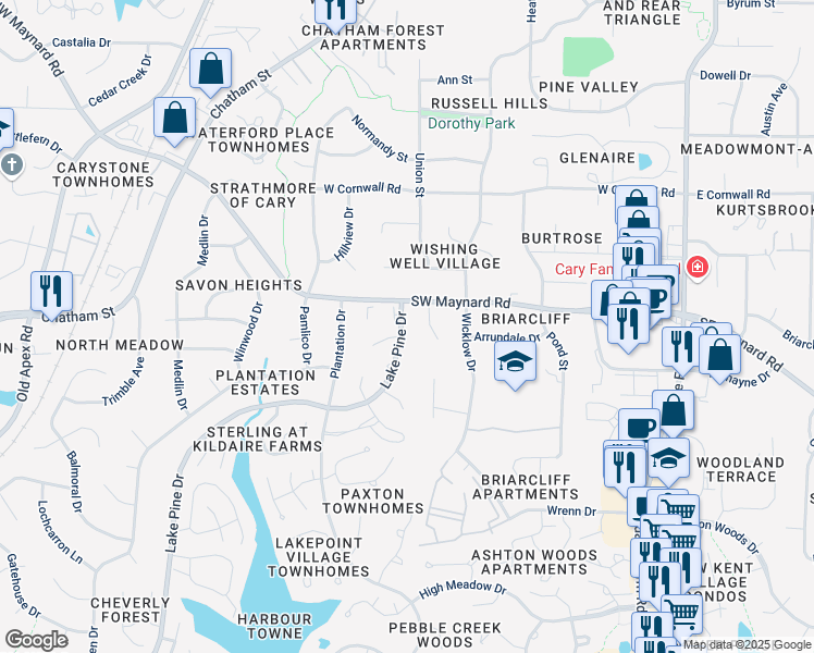 map of restaurants, bars, coffee shops, grocery stores, and more near 115 Lake Pine Drive in Cary