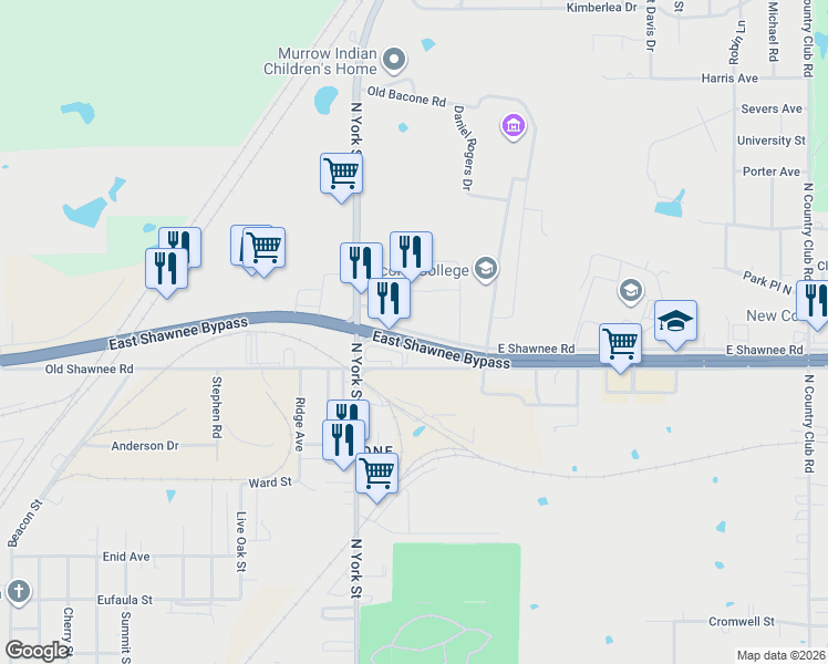 map of restaurants, bars, coffee shops, grocery stores, and more near 2501 East Shawnee Road in Muskogee