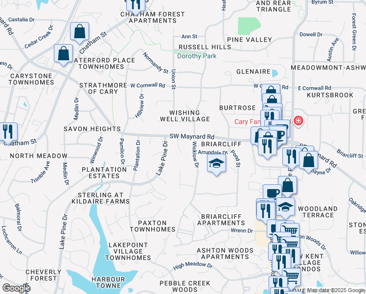 map of restaurants, bars, coffee shops, grocery stores, and more near 105 Leisure Court in Cary
