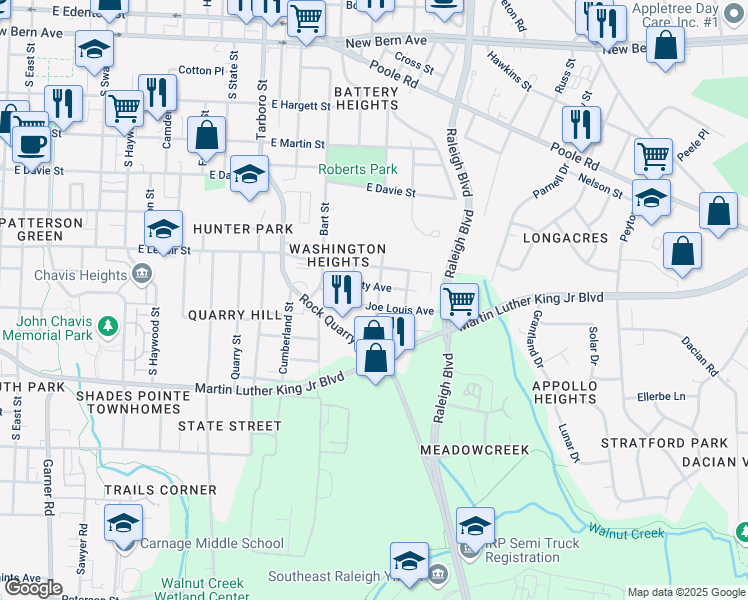 map of restaurants, bars, coffee shops, grocery stores, and more near 1400 Joe Louis Avenue in Raleigh