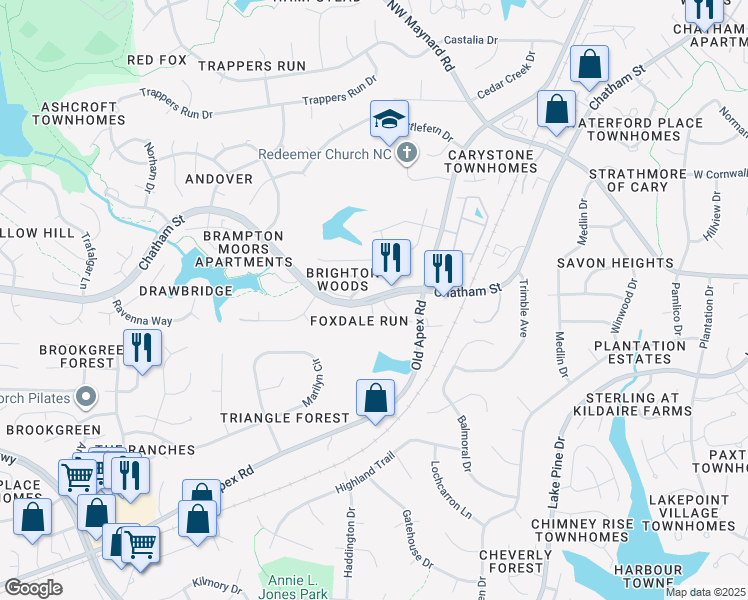 map of restaurants, bars, coffee shops, grocery stores, and more near 101 Hunting Chase in Cary