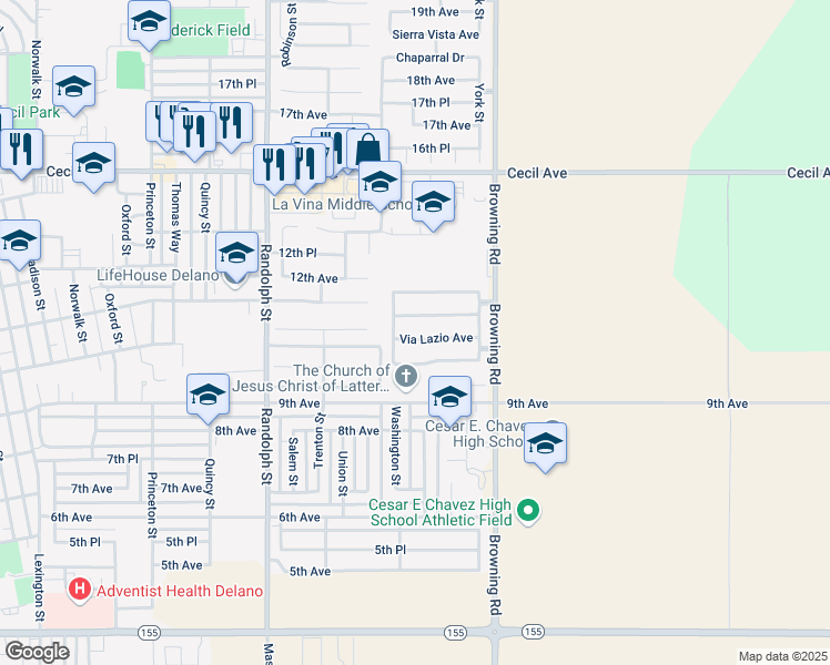 map of restaurants, bars, coffee shops, grocery stores, and more near 2126 Via Lazio Avenue in Delano