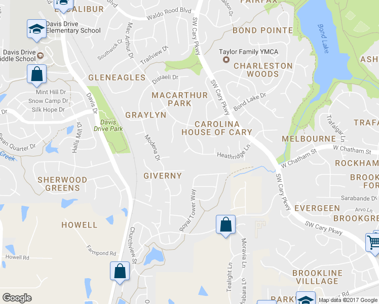 map of restaurants, bars, coffee shops, grocery stores, and more near 101 Pennsbury Court in Cary