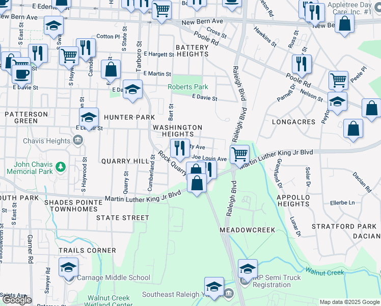 map of restaurants, bars, coffee shops, grocery stores, and more near 1400 Joe Louis Avenue in Raleigh
