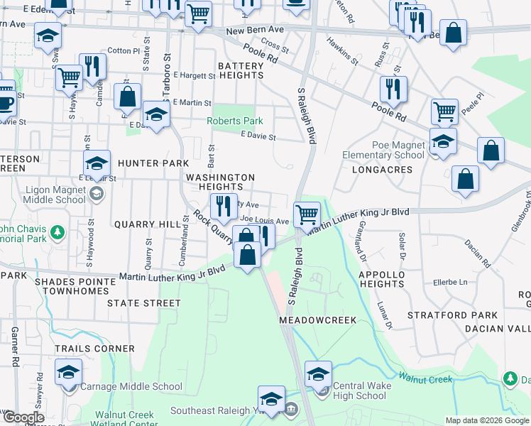 map of restaurants, bars, coffee shops, grocery stores, and more near 1516 1/2 Joe Louis Avenue in Raleigh