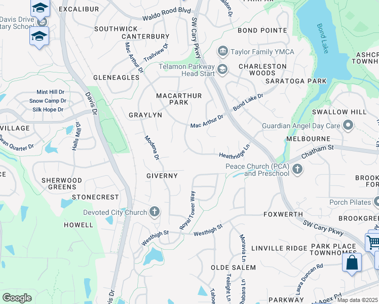 map of restaurants, bars, coffee shops, grocery stores, and more near 101 Pennsbury Court in Cary