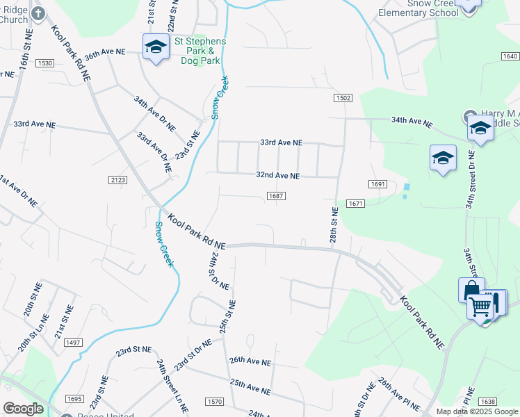 map of restaurants, bars, coffee shops, grocery stores, and more near 2550 31st Avenue Place Northeast in Hickory