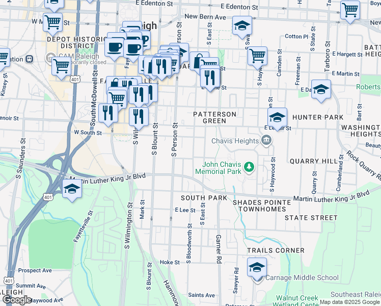 map of restaurants, bars, coffee shops, grocery stores, and more near 724 South Bloodworth Street in Raleigh