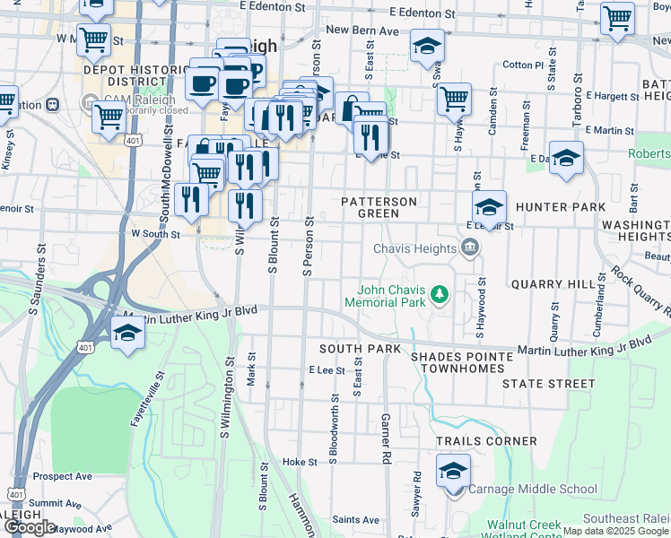 map of restaurants, bars, coffee shops, grocery stores, and more near 724 South Bloodworth Street in Raleigh