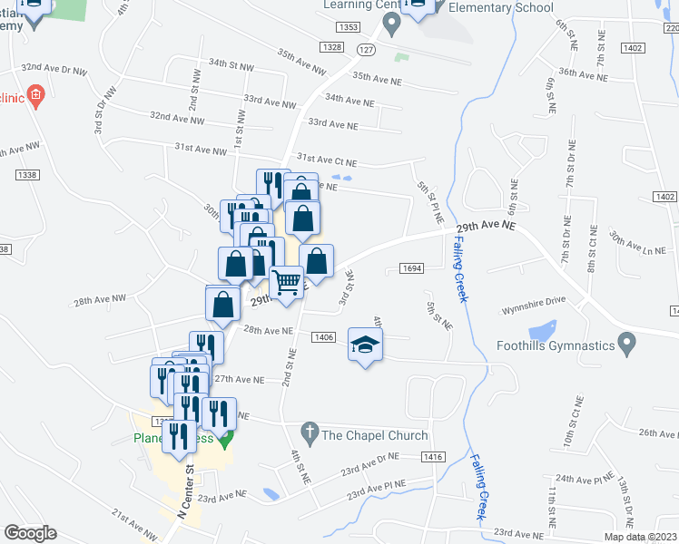 map of restaurants, bars, coffee shops, grocery stores, and more near 40 29th Avenue Northeast in Hickory