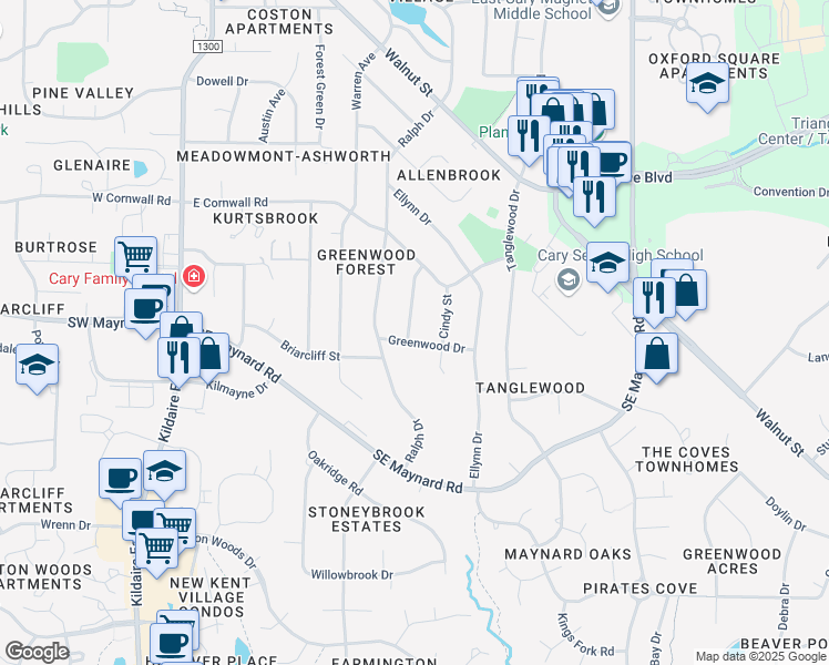 map of restaurants, bars, coffee shops, grocery stores, and more near 927 Kathryn Street in Cary