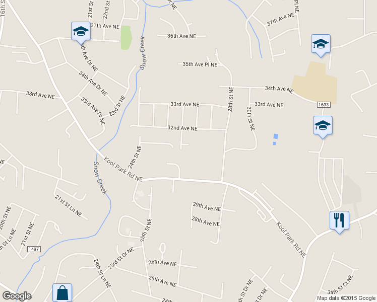 map of restaurants, bars, coffee shops, grocery stores, and more near 2612 31st Avenue Court Northeast in Hickory