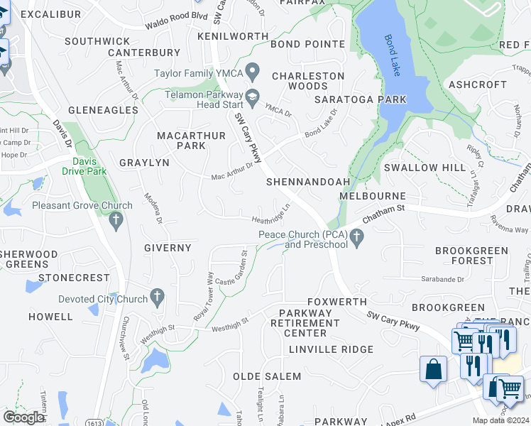 map of restaurants, bars, coffee shops, grocery stores, and more near 102 Waldenbrook Court in Cary