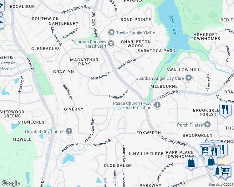map of restaurants, bars, coffee shops, grocery stores, and more near 102 Waldenbrook Court in Cary