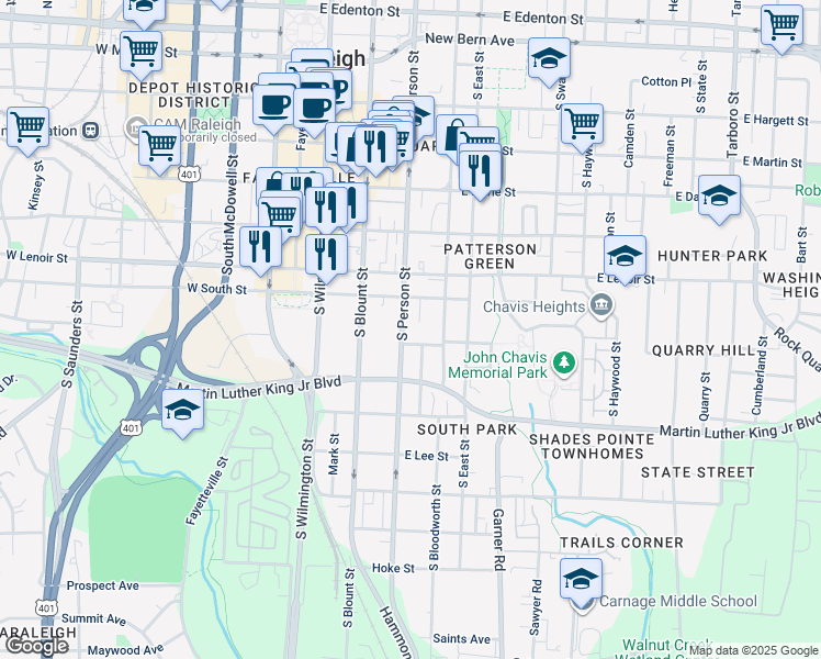 map of restaurants, bars, coffee shops, grocery stores, and more near 725 South Person Street in Raleigh