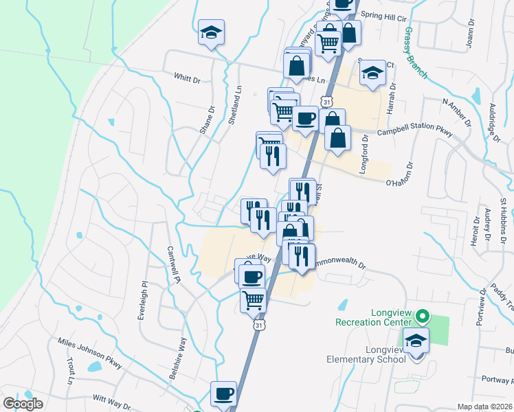 map of restaurants, bars, coffee shops, grocery stores, and more near 3015 Belshire Village Drive in Spring Hill