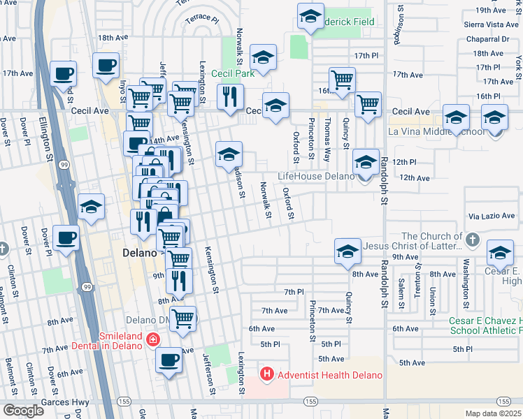 map of restaurants, bars, coffee shops, grocery stores, and more near 1009 Norwalk Street in Delano