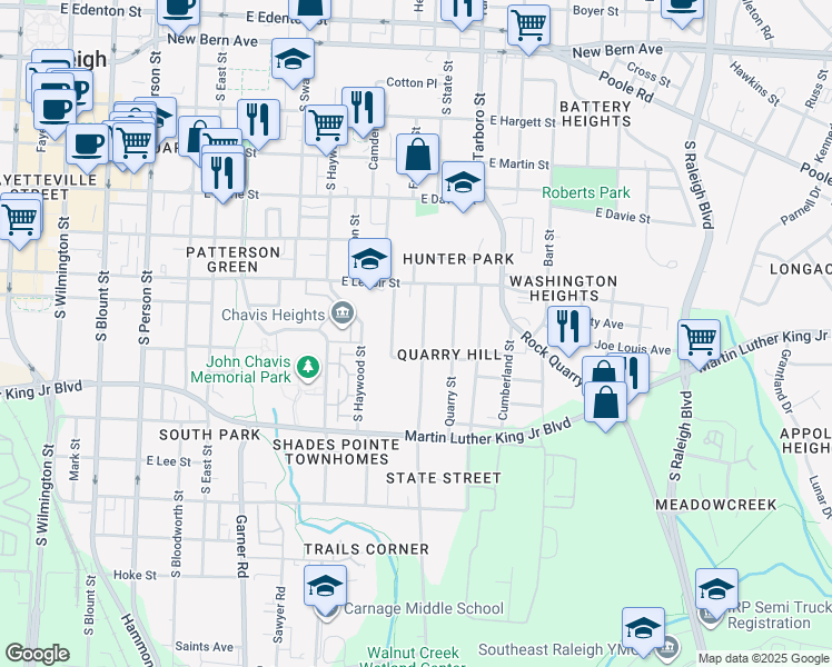 map of restaurants, bars, coffee shops, grocery stores, and more near 735 Church Street in Raleigh