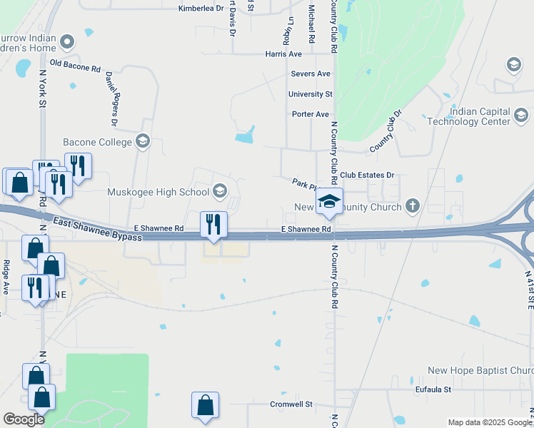 map of restaurants, bars, coffee shops, grocery stores, and more near 3330 East Shawnee Road in Muskogee