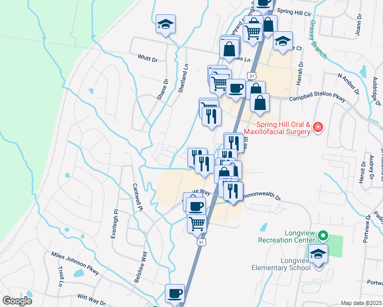 map of restaurants, bars, coffee shops, grocery stores, and more near 3015 Belshire Village Drive in Spring Hill