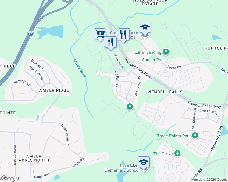 map of restaurants, bars, coffee shops, grocery stores, and more near 1993 Big Falls Drive in Wendell