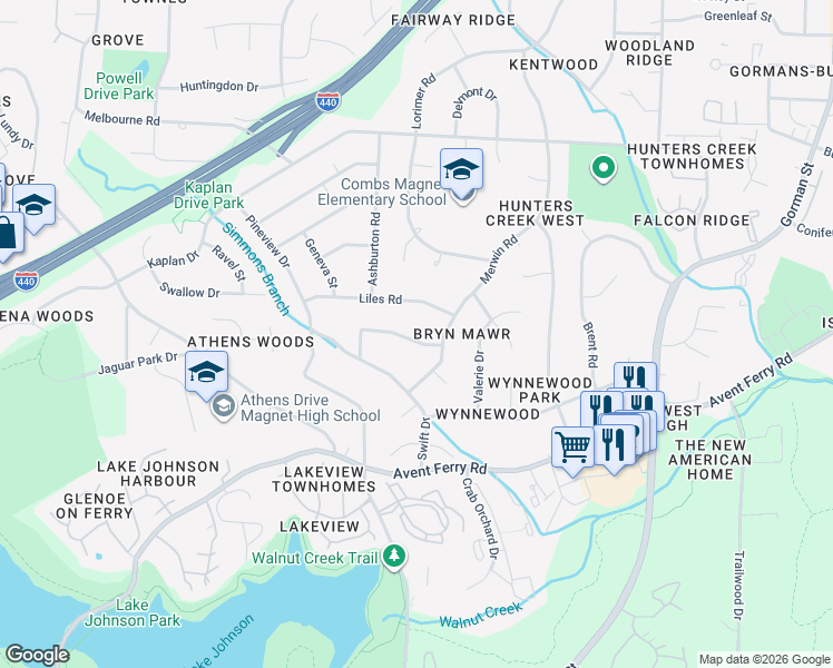 map of restaurants, bars, coffee shops, grocery stores, and more near 3710 Eakley Court in Raleigh