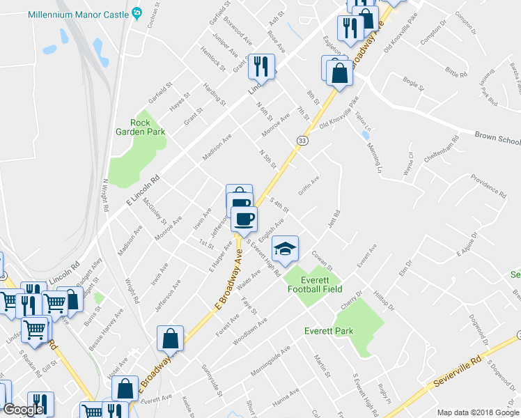 map of restaurants, bars, coffee shops, grocery stores, and more near 1540 East Broadway Avenue in Maryville