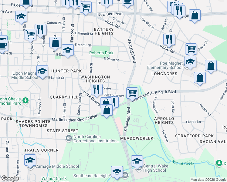 map of restaurants, bars, coffee shops, grocery stores, and more near 1516 1/2 Joe Louis Avenue in Raleigh