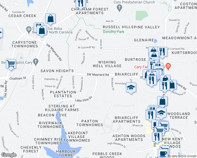 map of restaurants, bars, coffee shops, grocery stores, and more near 109 Lake Pine Drive in Cary