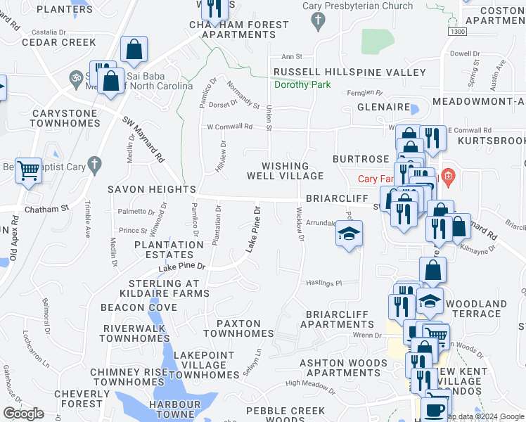 map of restaurants, bars, coffee shops, grocery stores, and more near 109 Lake Pine Drive in Cary