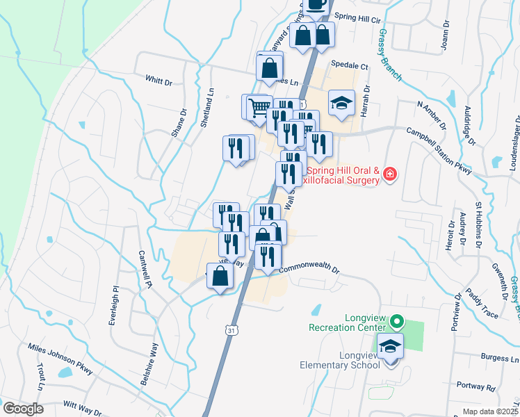 map of restaurants, bars, coffee shops, grocery stores, and more near 3028 Belshire Village Drive in Spring Hill