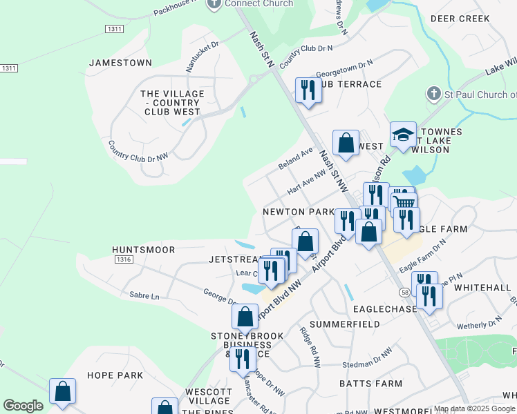 map of restaurants, bars, coffee shops, grocery stores, and more near 3905 Hart Avenue in Wilson