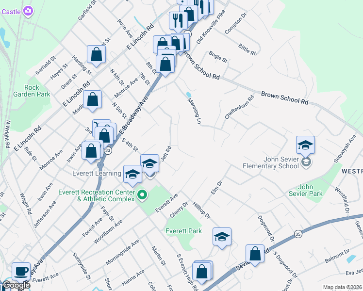 map of restaurants, bars, coffee shops, grocery stores, and more near 1605 Russell Drive in Maryville